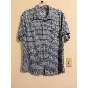 Burlebo Mens Performance Fish Print Short Sleeve Button Down Shirt Blue Large